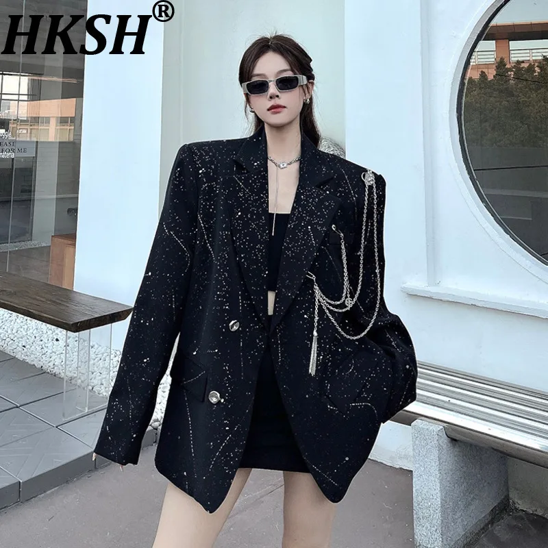 

HKSH Spring Autumn New Women Blazer Printed Chain Pin Notched Collar Long Sleeves Single Breasted High-end Elegant Coats HK17123
