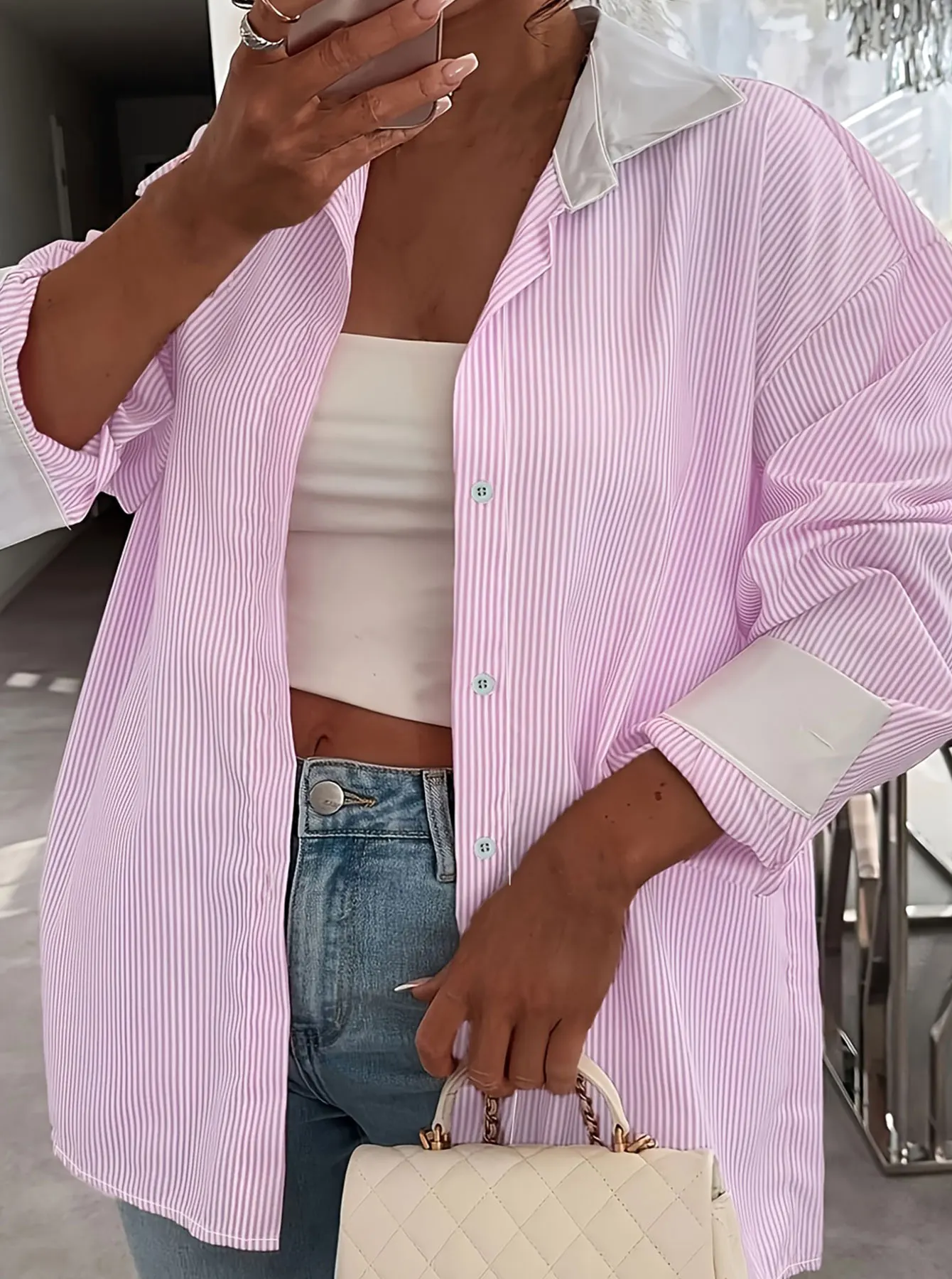 Camisa rosa de talla grande para mujer, camisa elegante y elegante de verano, camisa informal a la moda para mujer, rosa