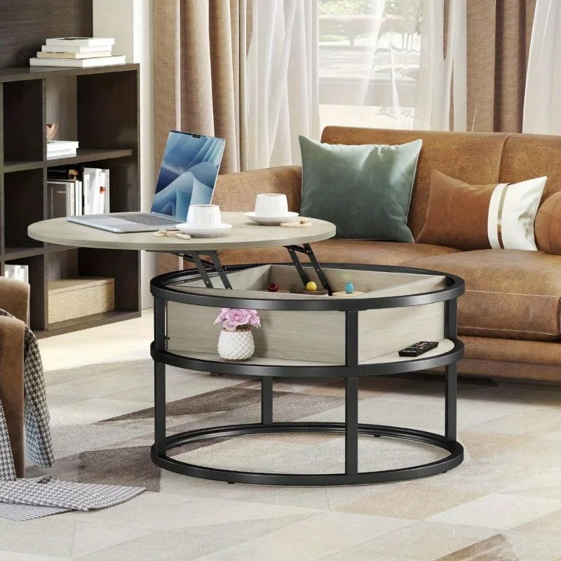 2 Tier Lift Top Round Coffee Table W/ Hidden Compartment Storage Shelf   Dining Tablefor Living Room Reception Room