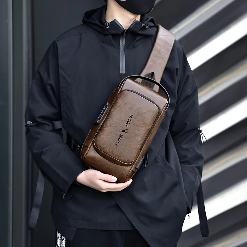 Men Chest Bag PU Waterproof Crossbody Bag Anti-theft Fashion Men One Shoulder Chest Bag Korean Style Casual Sports Messenger Bag