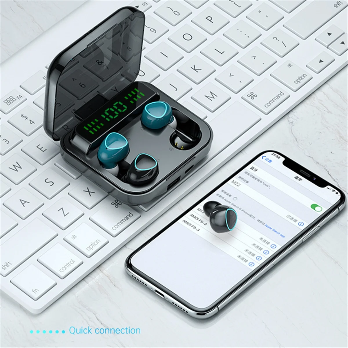 새로운 M22 커플 무선 헤드폰 터치 디지털 디스플레이 블루투스 헤드폰 듀얼 이어버드 노이즈 캔슬링 헤드폰