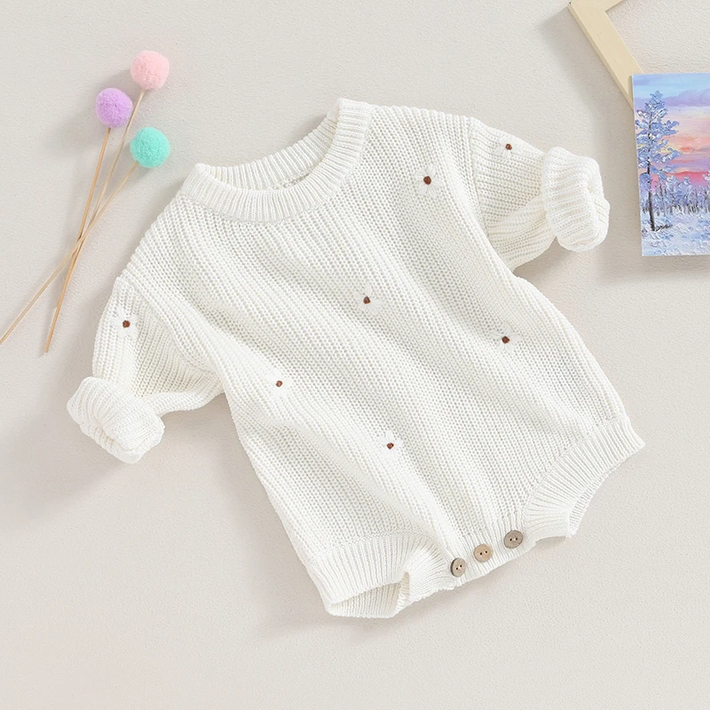 

Suefunskry Newest Newborn Baby Knitted Long Sleeve Autumn Winter Sweater Romper, O-Neck Flower Crotch Button Bodysuit, 0-24M