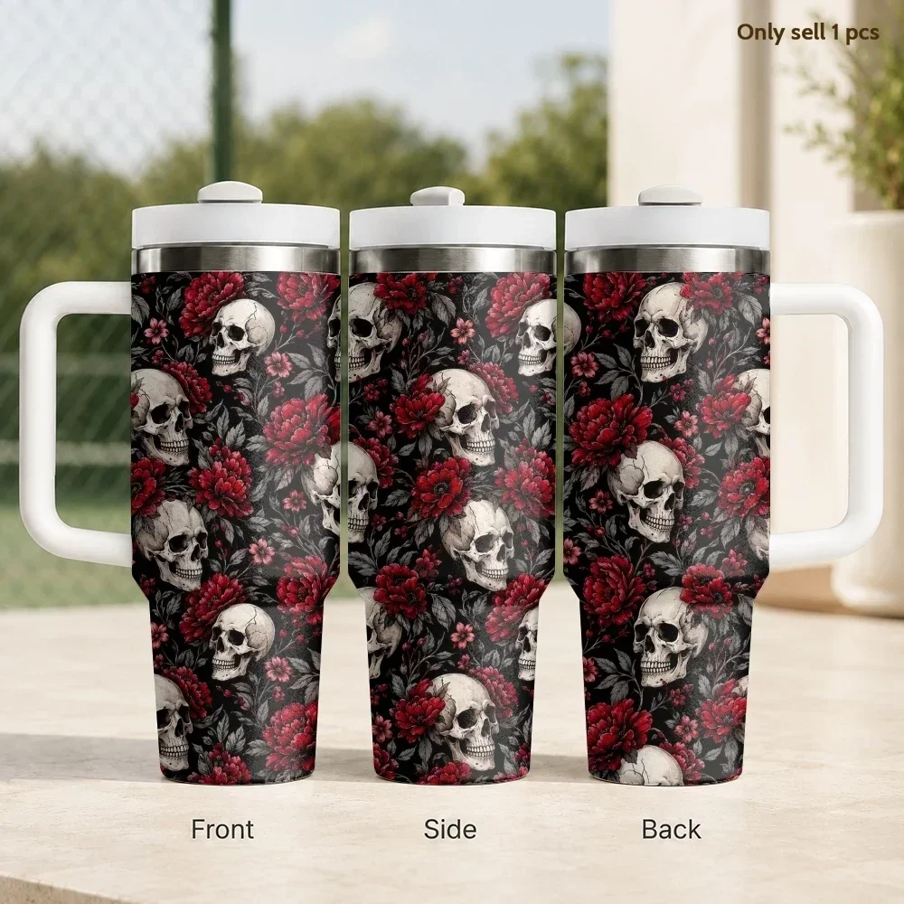40oz Gothic Skull Red Peony Floral Full Wrap Tumbler With Handle And Straw Stainless Steel Insulated Travel Mug Dark Vintage Pattern Large Capacity Coffee Cup Halloween Gift