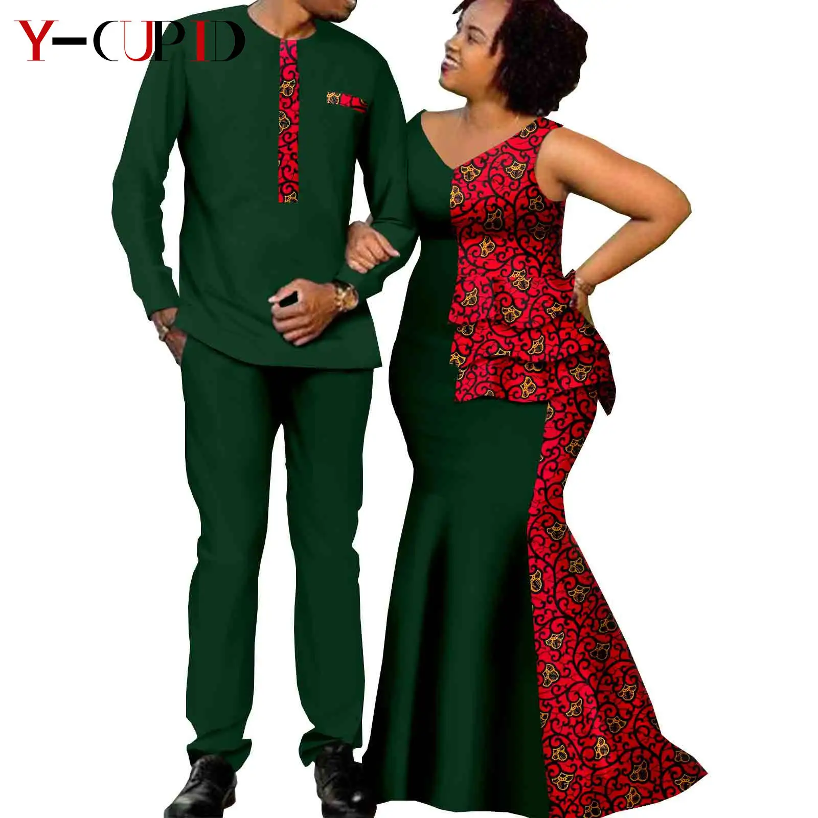 

Bazin Africa Clothing Couple Wear Dashiki Print Draped Long Dresses for Women Matching Men Outfits Shirt and Pant Sets Y22C006