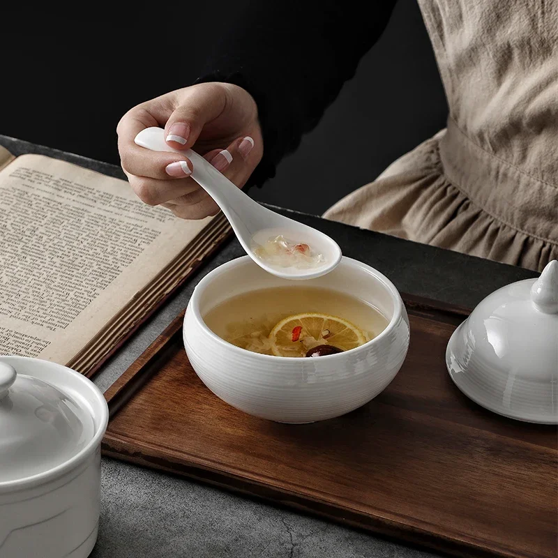 White, Ceramic with Lid, Steamed Egg Bowl, Soup Bowl, Rice Bowl, Dessert Bowl, Hotel, Restaurant Bird\'s Nest Small Cup, Separate