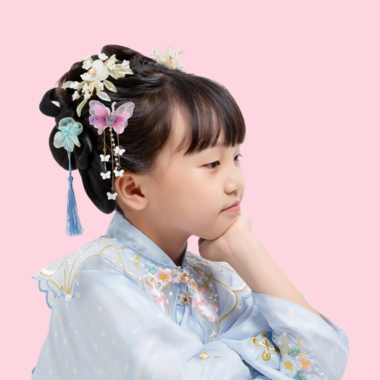 4Pairs Oriental Hair Clips Girls Simulated Flower Butterflies Long Tassels Hanfu Headdress Ancient Style Floral Tassel Hair