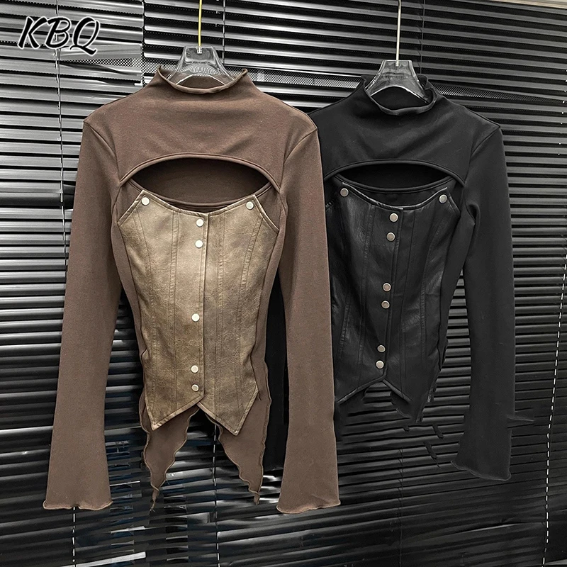 

KBQ Hit Color Slimming Minimalist Chic Shirt for Women Round Neck Long Sleeve Spliced Button Tops Female Winter Fashion Style