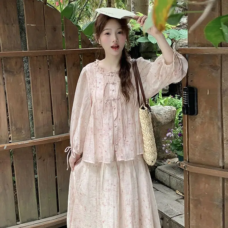 

2025 Pregnant Women's New Chinese Style Summer New Clothes Set Maternity Long Sleeve Shirt Top Half Body Skirt 2-Piece SetLI206