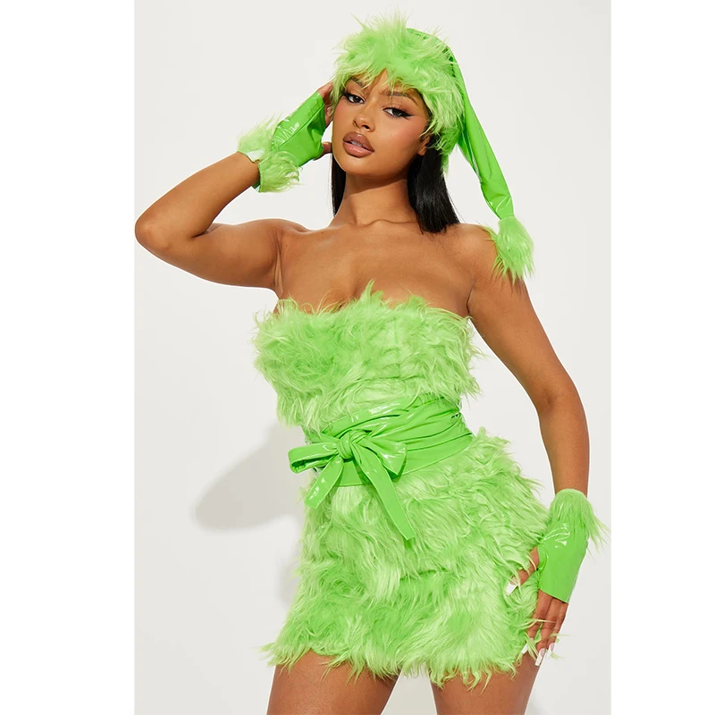 2026 المرأة فروي سانتا كلوز السنة الجديدة عطلة حفلة تنكرية حتى الكبار عيد الميلاد الأخضر الوحش زي