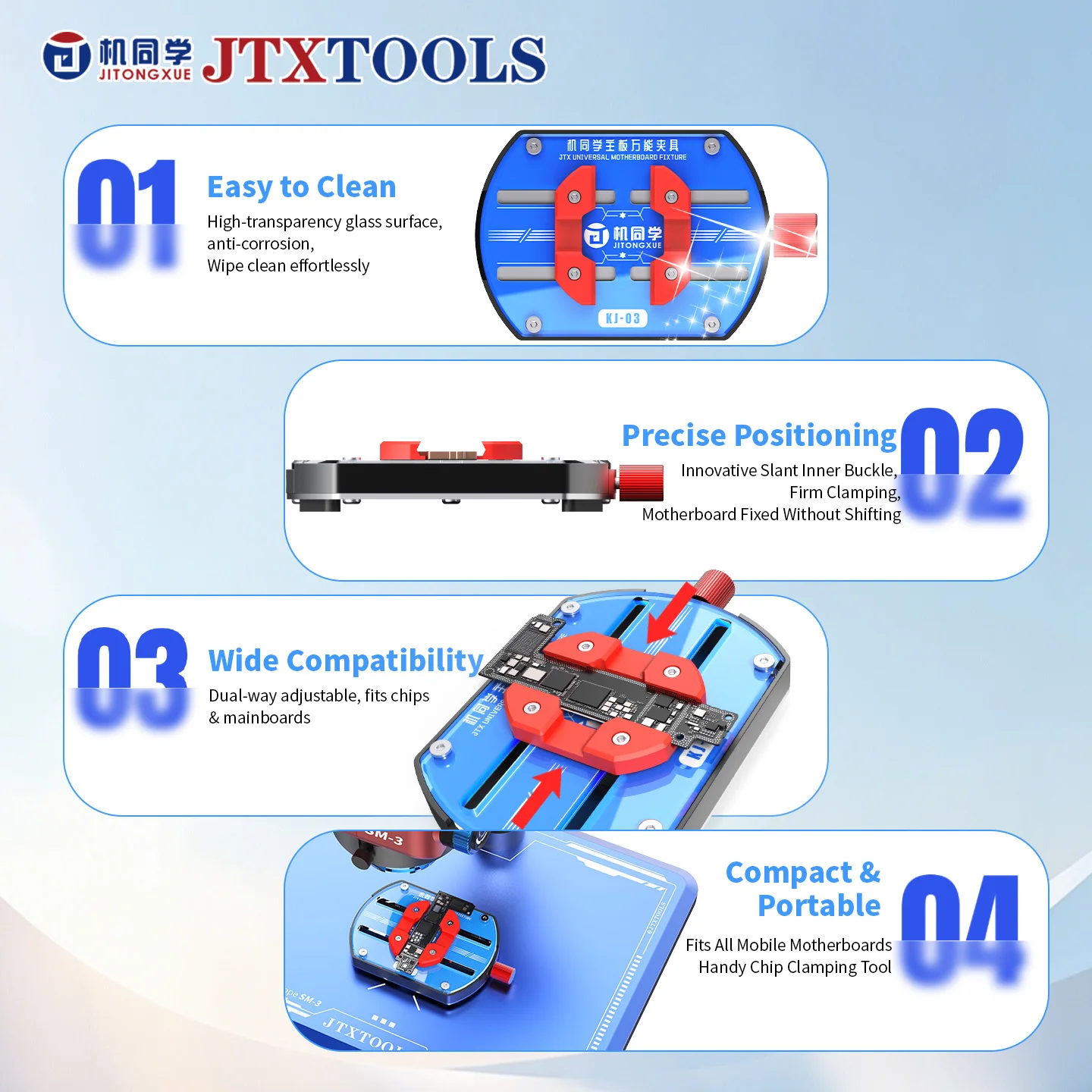 JTX KJ-03 Universal Motherboard Glass Fixture, Heat Resistant PCB Holder for Single/Double Layer Boards, Anti-Static Repair Tool