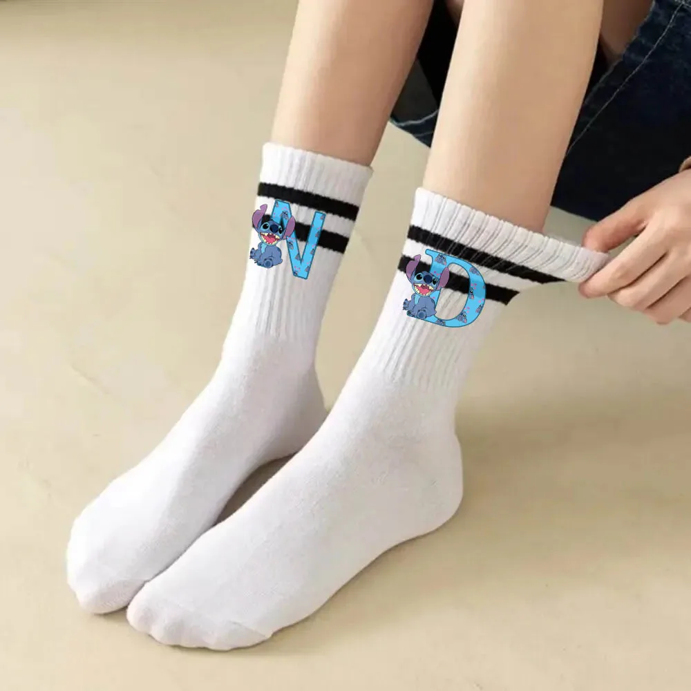 

Disney Lilo & Stitch A-Z 26 English Letters Women's Socks Cute Harajuku Sock Simple Striped Short Socks Women's Mid Length Socks