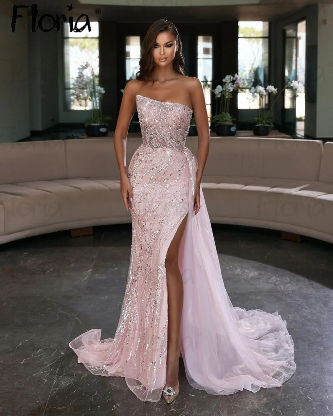 Floria Baby Pink Simple Party Dress Sparkly Beaded Side Slit Pageant Birthday Wear Women Formal Prom Gowns Custom Made Dubai