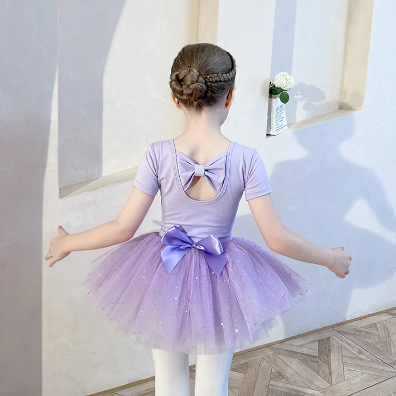 

Children's dance set short sleeved girl training suit dance sequin skirt pure cotton purple split suit dance skirt