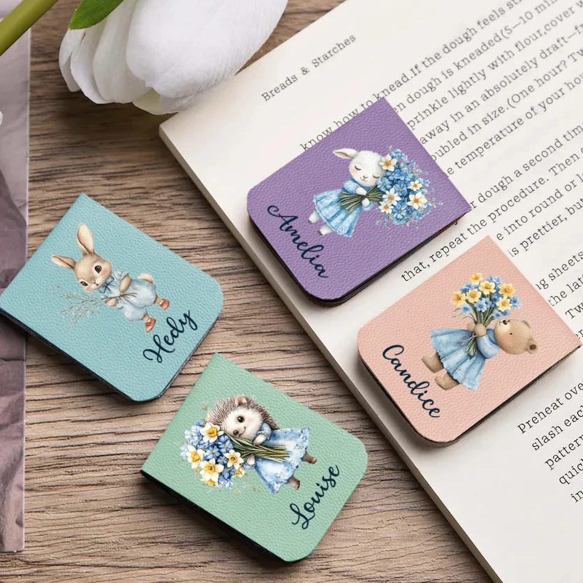 1pc Name Bookmark with animals Flower,Custom Leather animals Flower Bookmark,Personalized Magnetic Bookmark