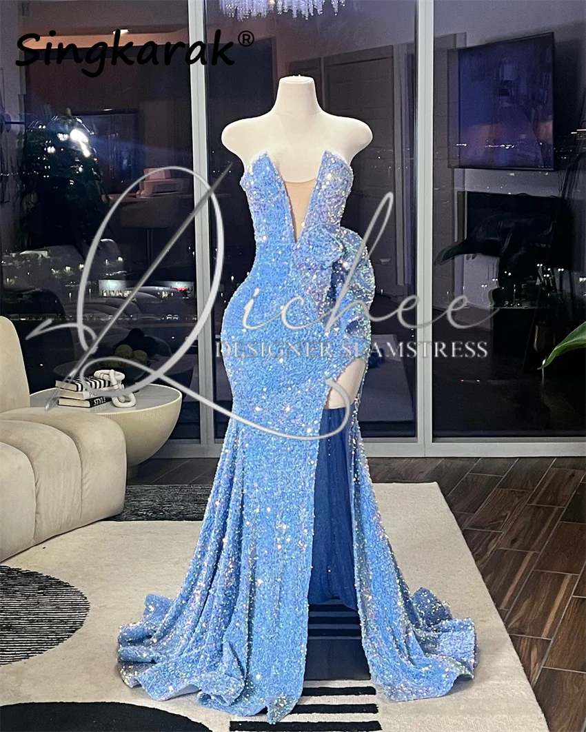 Exquisite Blue Sweetheart Long Prom Dresses 2024 Beads Sequins Crystal Birthday Party Gown Robe Side Split Customized