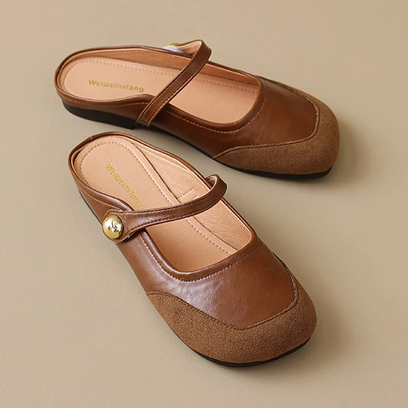 

Женская обувь, туфли на плоской подошве с закрытым носком, винтажные шлепанцы, сандалии без шнуровки, кожаные шлепанцы в стиле пэчворк, большие размеры, коричневый абрикос