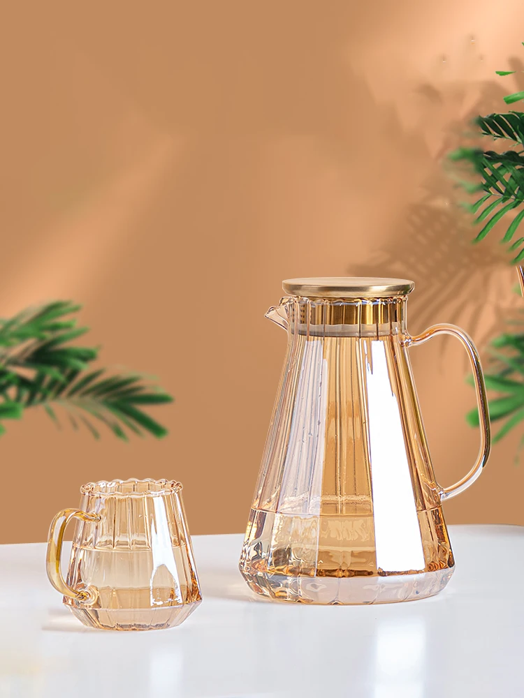 

Amber Glass Decanter Kettle and Cups Set Home Large-apacity Heat-Resistant Teapot Cold Water Lemonade Filter Jug Juice Milk Pitc