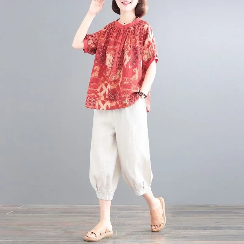 Middle-aged Mother Summer Wear Loose Large Size Ethnic Style Printing Cotton-containing Fallow Two-piece Suit Female New Style