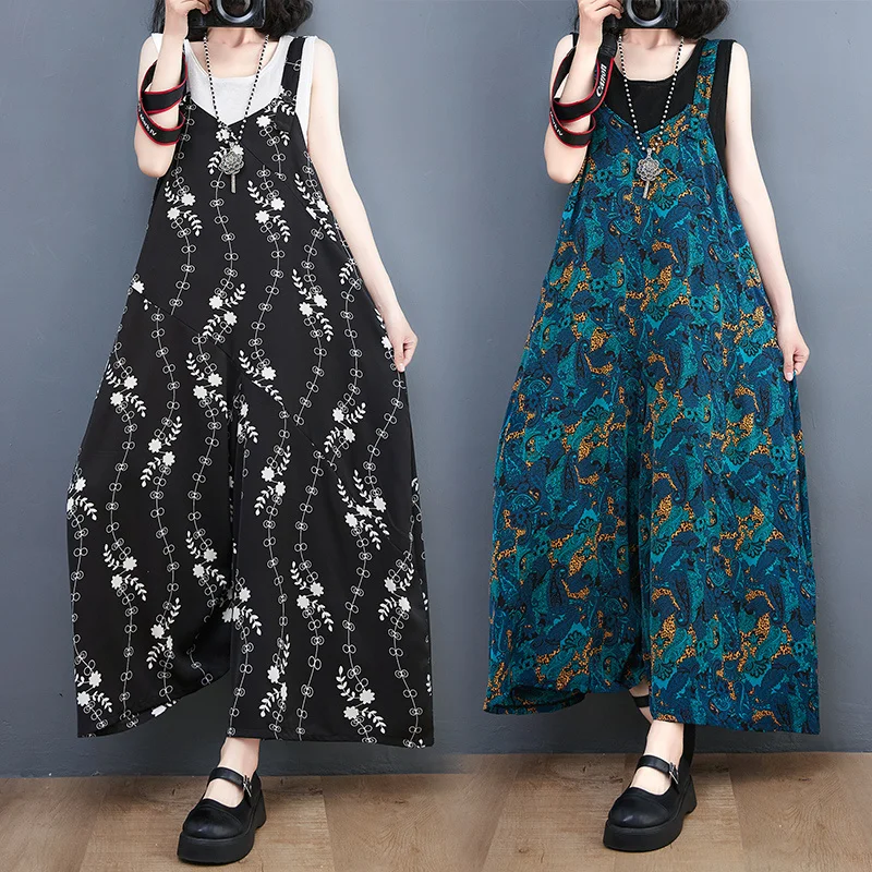 

#1448 Summer Wide Leg Jumpsuits Women Printed Black Blue Jumpsuits Ladies Sleeveless Vintage Jumpsuits Fmale Loose Thin Rompers