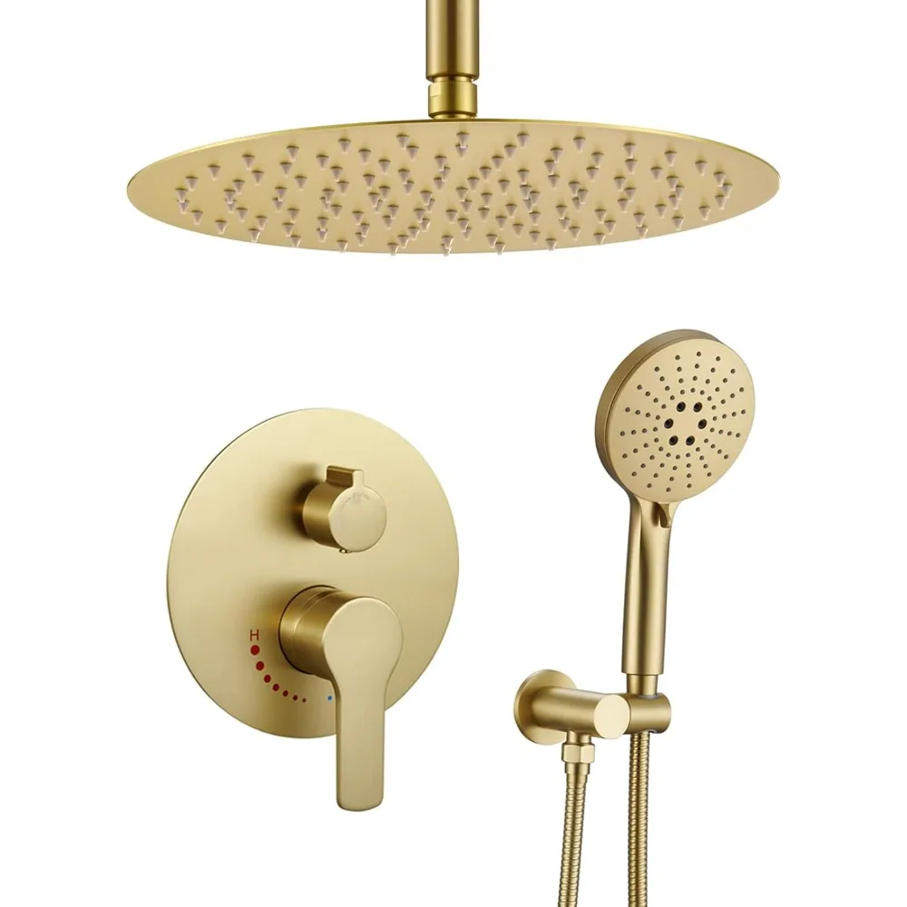 

Brushed Gold Shower Faucet with Handheld Sprayer- 12 Inch Shower Head System Has Rain Shower Head and Handheld with Brass Valve