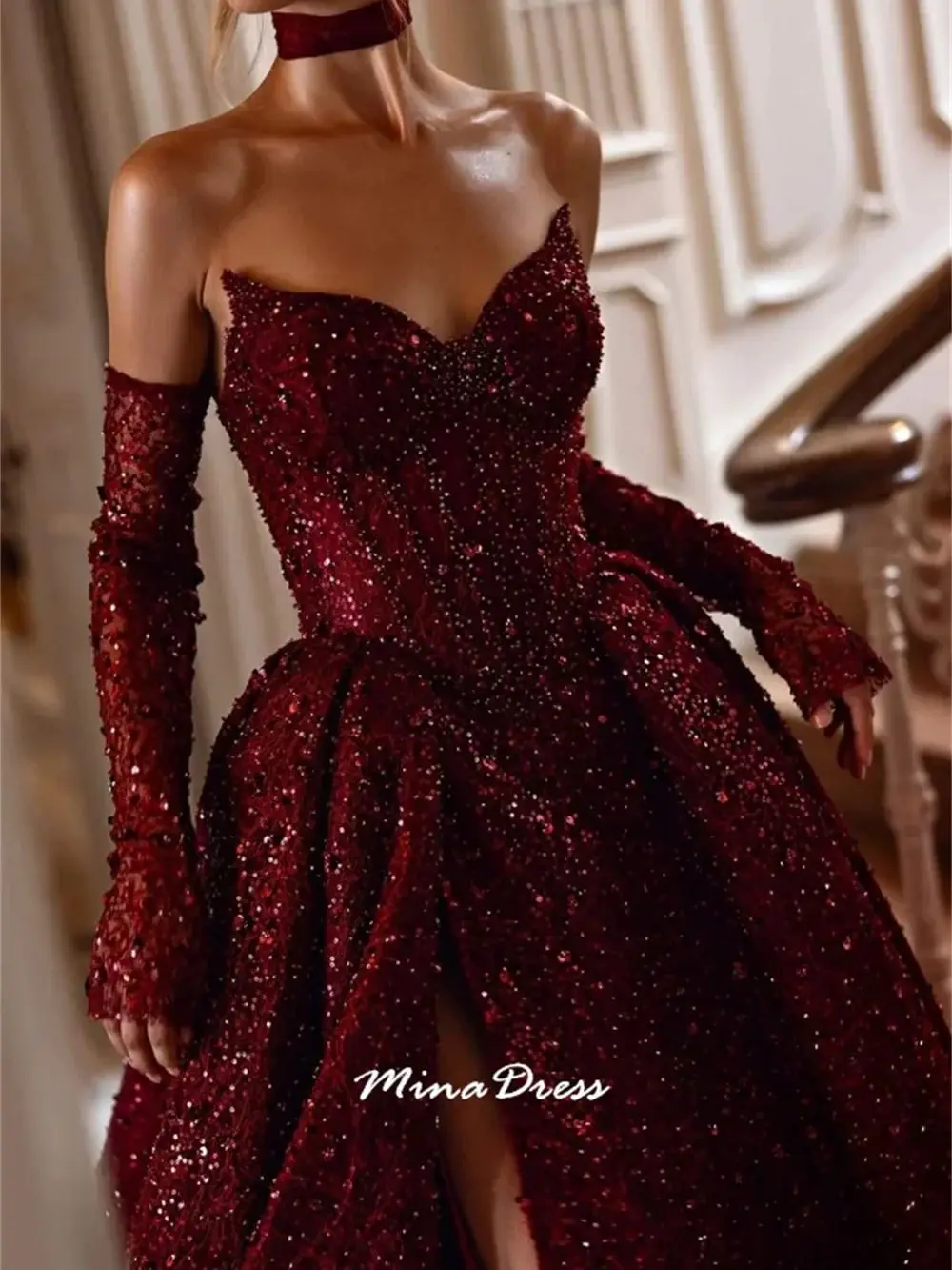 Mina Customized First Colored Dress for Wedding Guests Back-length Dress With Corset Sequins High Slit Long Dresses Evening Gown image 5