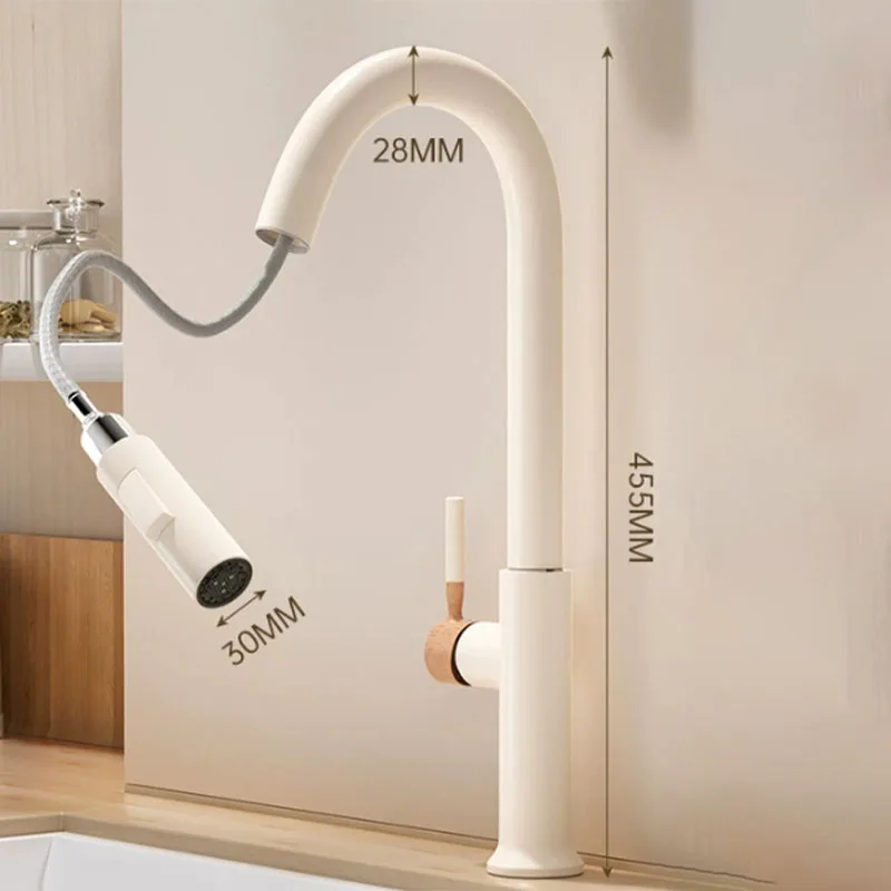 Cream White Kitchen Faucet with Wood Handle 360° Swivel Kitchen Sink Faucet Hot and Cold Mixer Tap for Farmhouse RV Bar Laundry