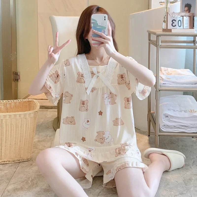 5XL Large Size Cartoon Print Loungewear Ladies Summer Short Sleeve Top & Elastic Shorts Korean Contrast Lace Pajama Sleepwear