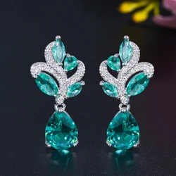 Huitan Gorgeous Green CZ Dangle Earrings for Women New Trendy Wedding Engagement Female Earrings Elegant Accessories Fancy Gift