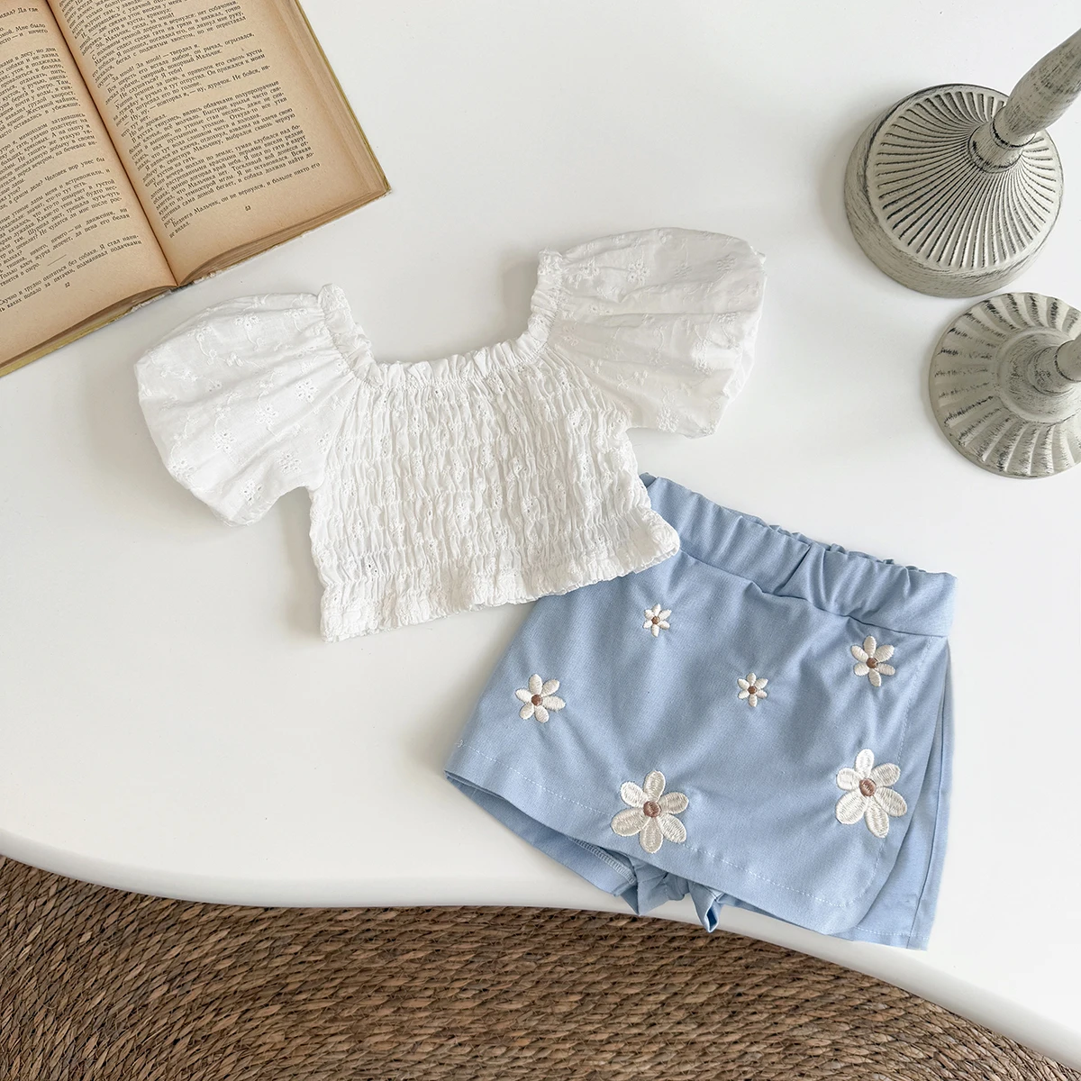 Korean Style 6M -3Y New Baby Clothes Outfits Summer Short Sleeve + Flower Embroidery Shorts Sets Toddler Costume Cute Girls Suit