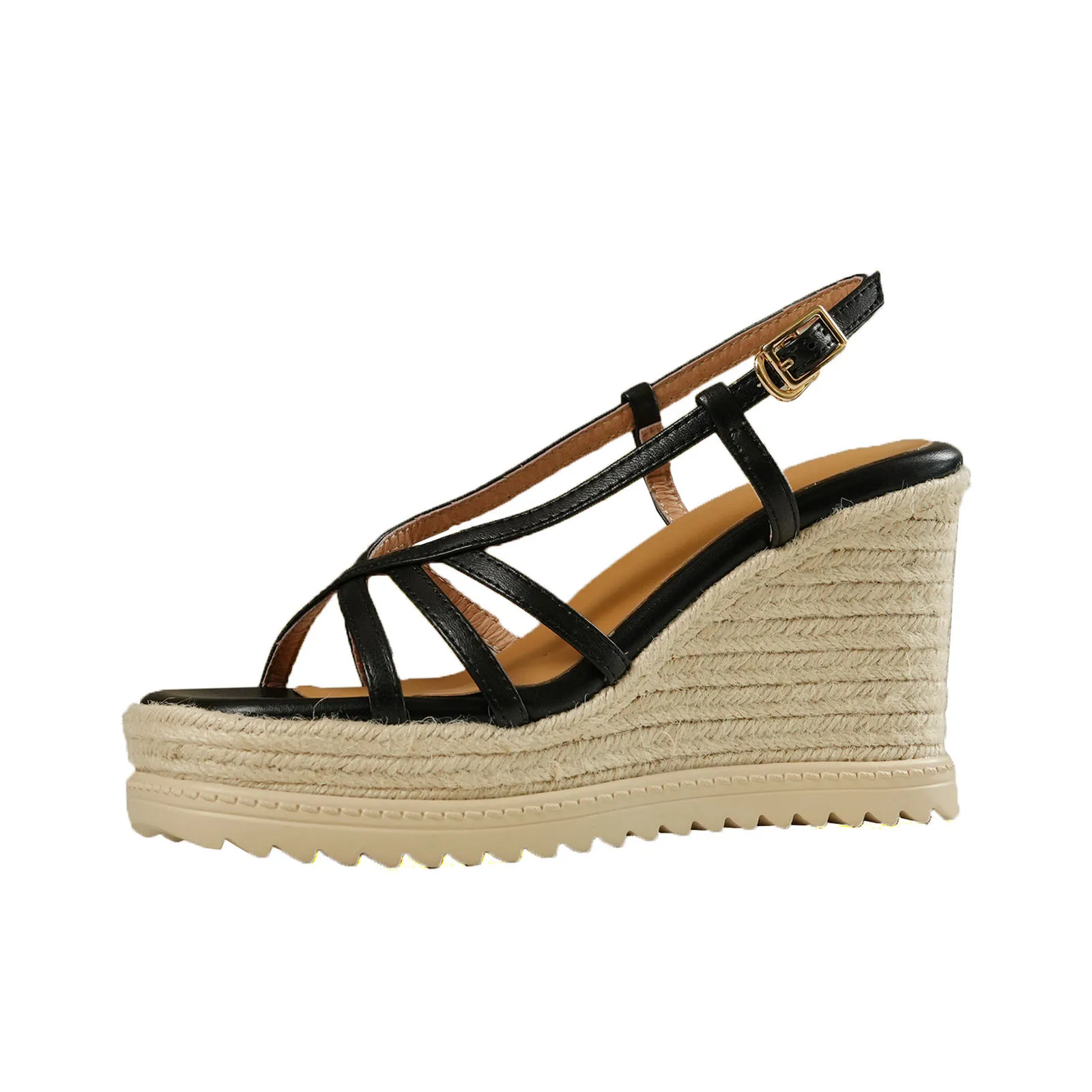 

Arden Furtado Summer sheepskin straw weaving wedge Sandals Round toe platform Buckle strap Super high heel Open toe Sandals