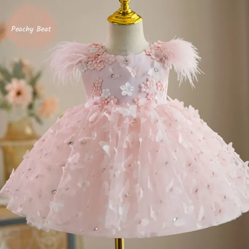 Baby Girl Princess Butterfly Feather Dress Infant Toddler Child Elegant Tulle Vestido Wedding Party Birthday Baby Clothes 1-12Y