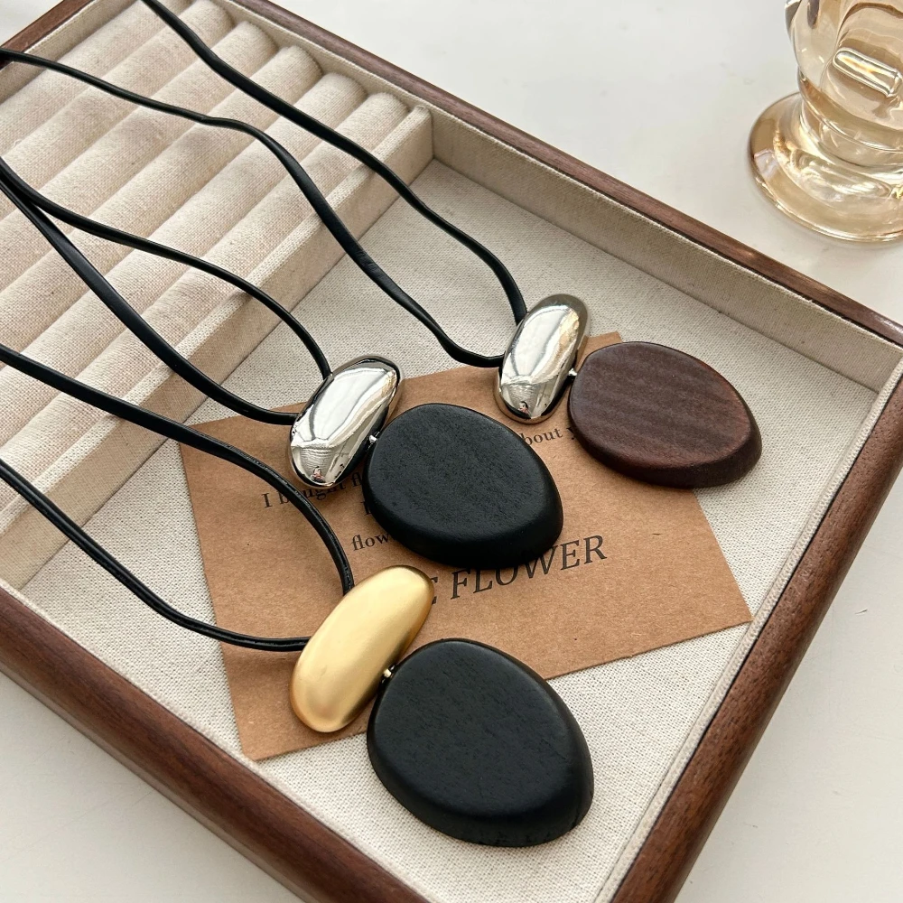Natürliche Holz Metall Pullover Kette Spleißen Einstellbare Halsketten Frauen Licht Luxus High-end-Lange Halskette Mode Schmuck – Detail 5