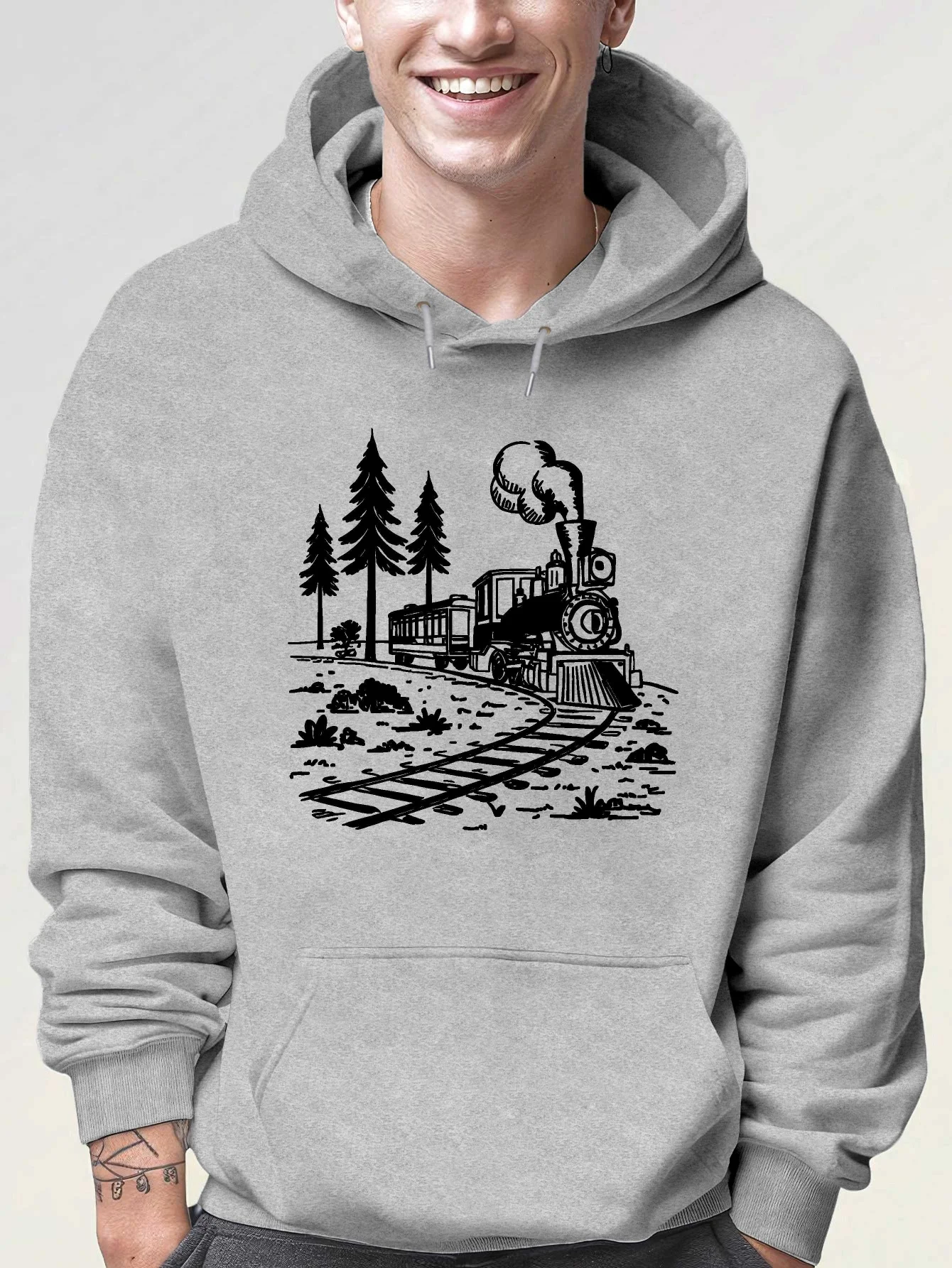 Train Starts on Track. Autumn/Winter Men's Casual Hoodie with Fashionable Street Style Print and Fleece Lining.