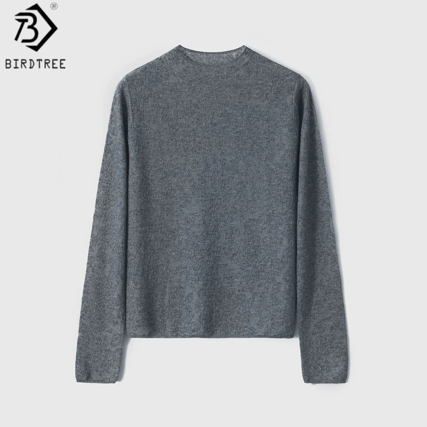Birdtree,Wool Blended Mesh Thin Undershirt,O-neck Casual Pullover,Women Jacquard Full Sleeve Tops,2026 Spring New T61336JF