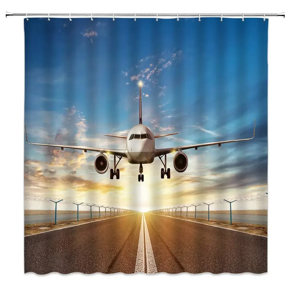 Airport Shower Curtain,Aviation Themed Illustration of Parked Airplanes Landed In Airfield,Polyester Fabric Bathroom Curtain Set