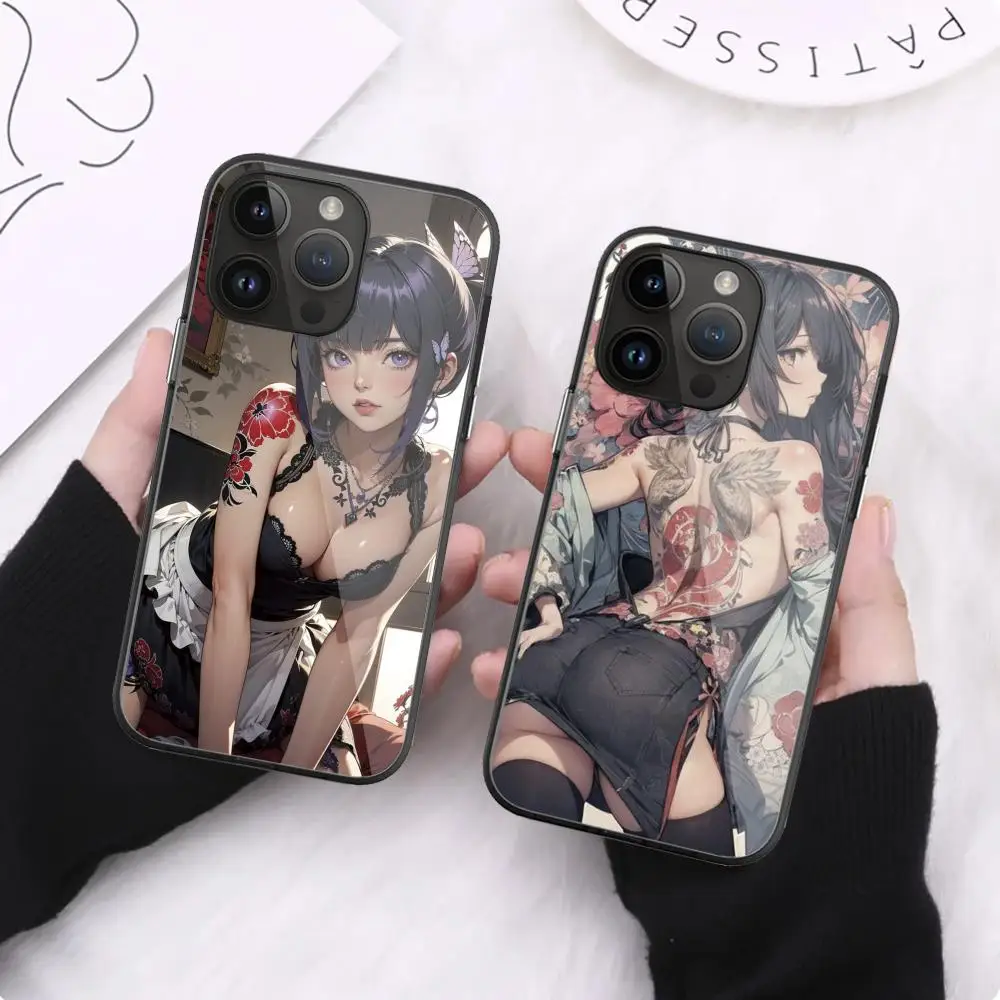 Sexy tattoo girl Phone Case For iPhone 16 Pro Max 15 14 13 12 Mini 11 XR XS 8 7 Plus Black Art Glass Cases