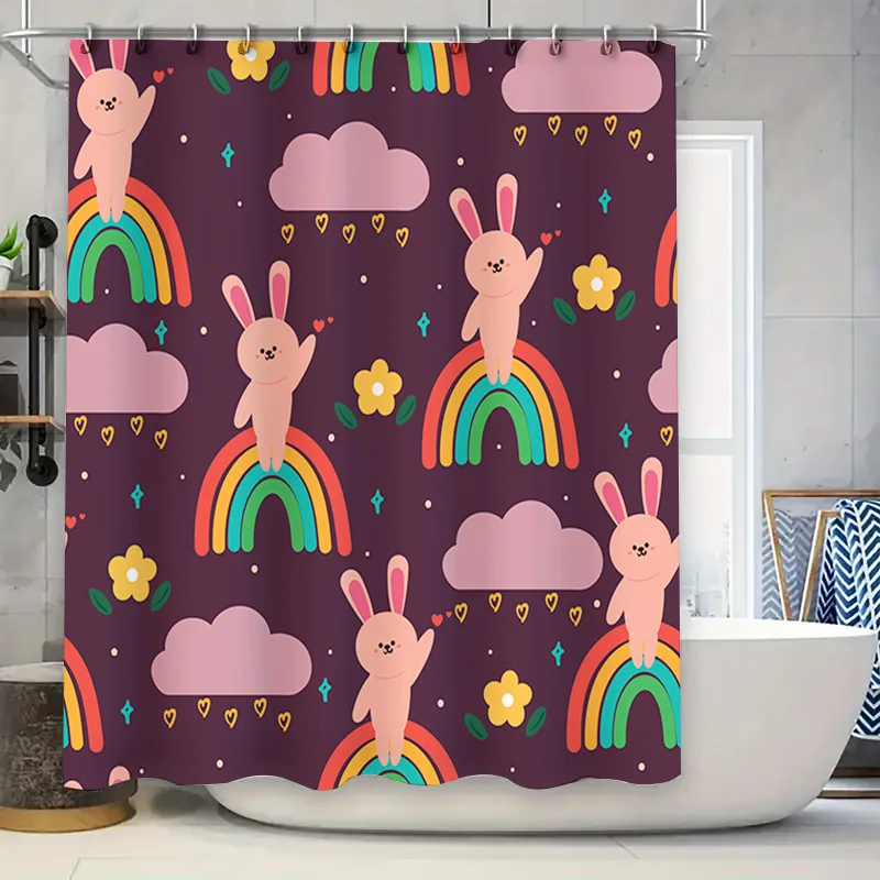 

Водонепроницаемая занавеска для душа с принтом и радужным узором кролика для декора ванной комнаты, доступный индивидуальный размер (вариант выбор)