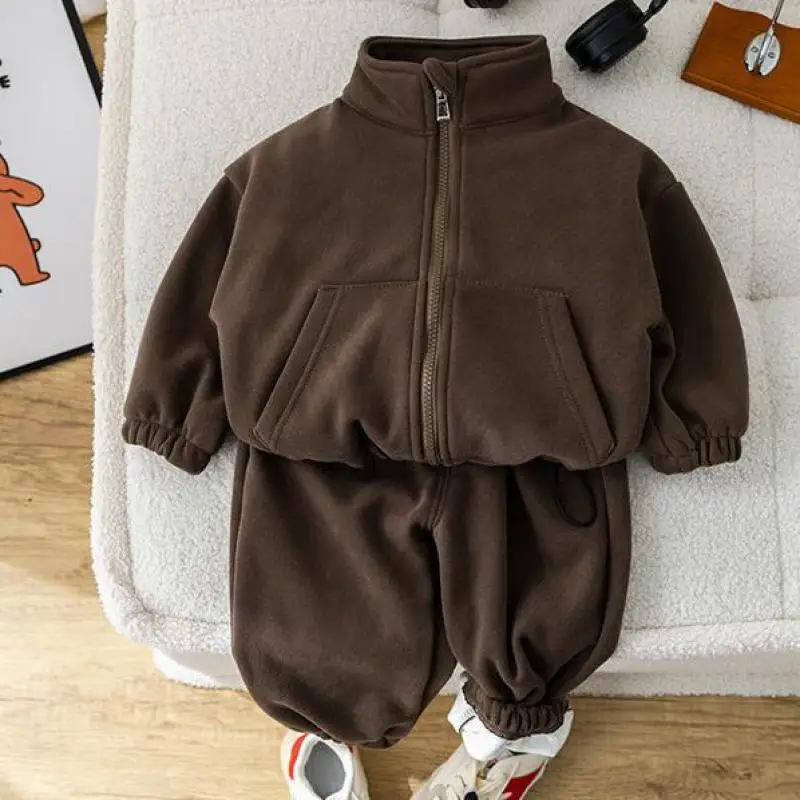

2025 Winter New Baby Long Sleeve Warm Clothes Set Children Fleece Jacket+ Pants 2pcs Suit Plus Velvet Thick Toddler Outfits