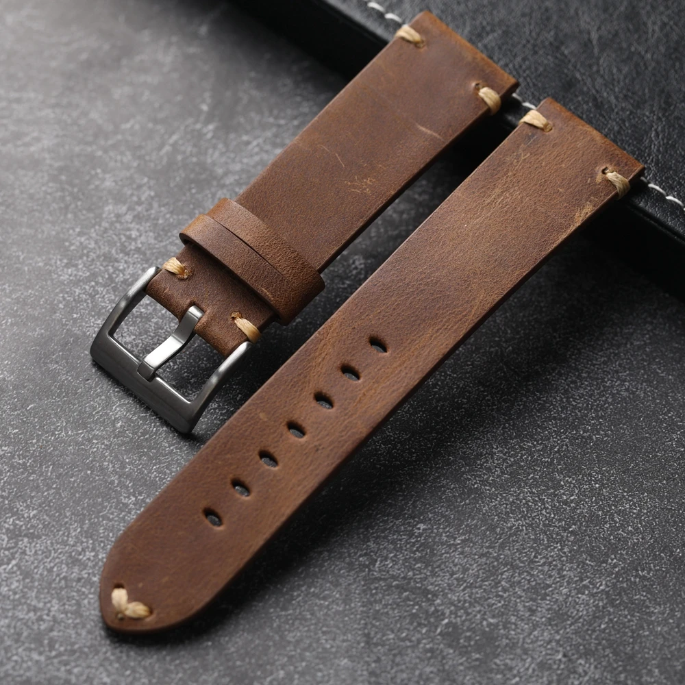 Handmade Head Cowhide Leather Strap, 18 19 20 21 22MM Aged Men\'s Vintage Italian Genuine Leather, Soft Bracelet