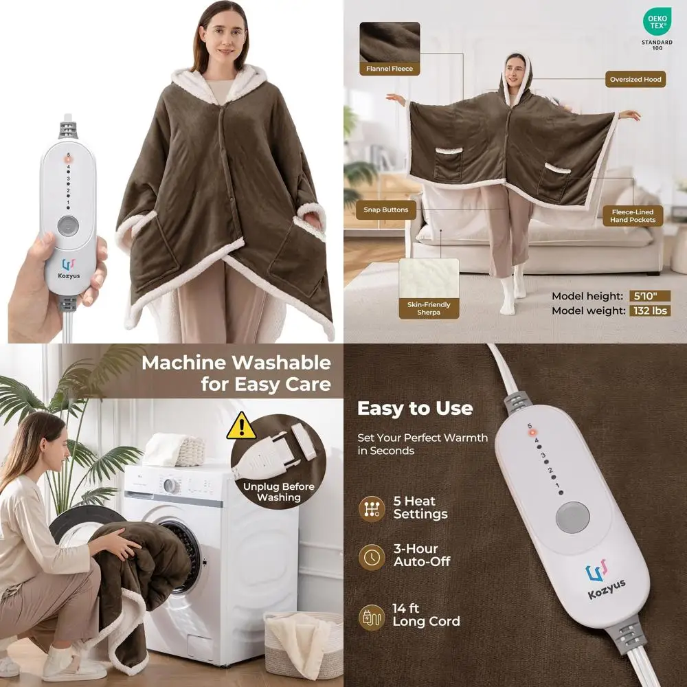 

Одеяло с подогревом, капюшоном и карманами, 5 режимов, автоматическое выключение 3 часа, моющееся, сертифицированное ETL, 56x63 коричневый