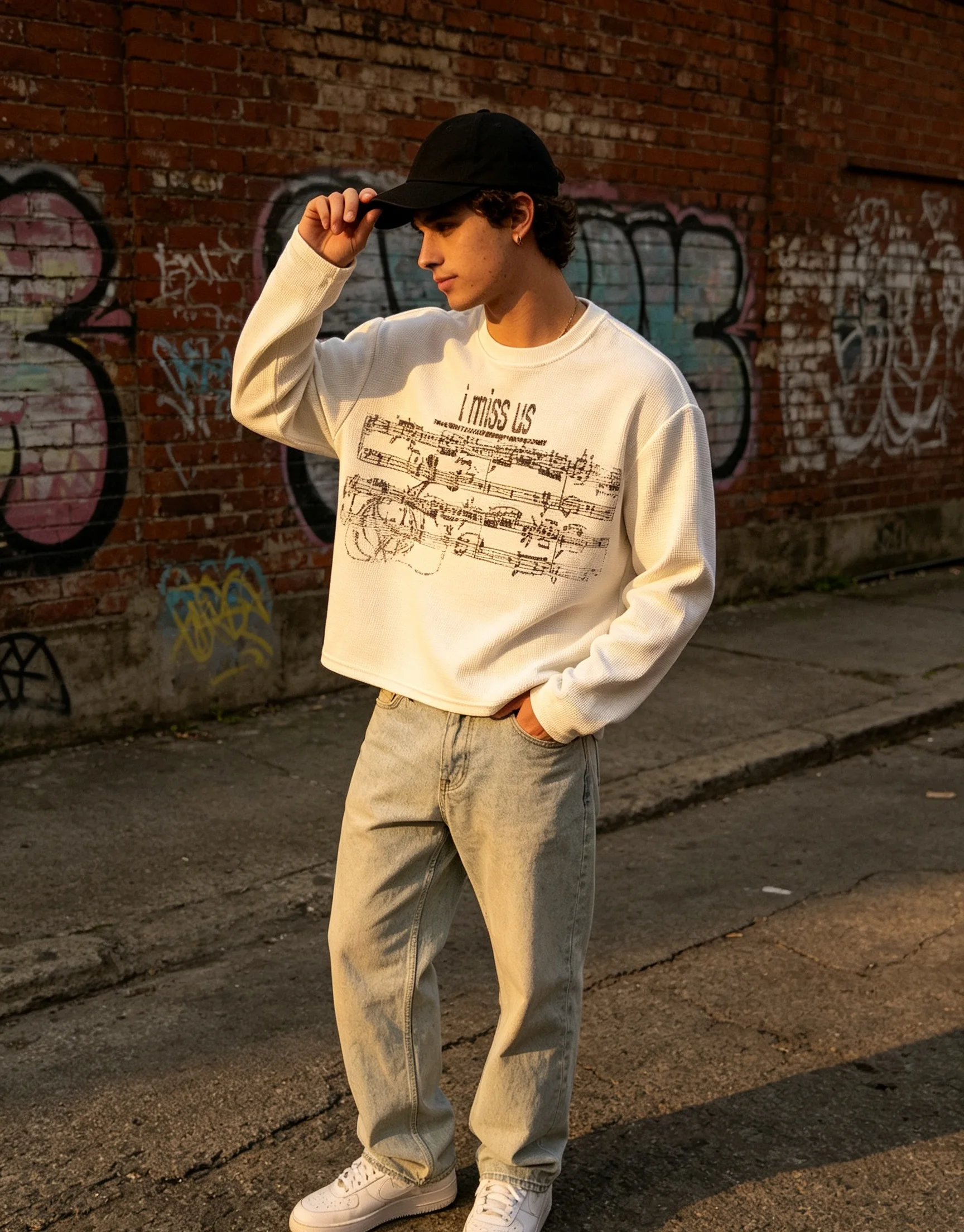 2026 European American New Style Women Music Sheet Letter Print Waffle Knit Long Sleeve T Shirt Y2K Cropped Basic Top Slim Casua