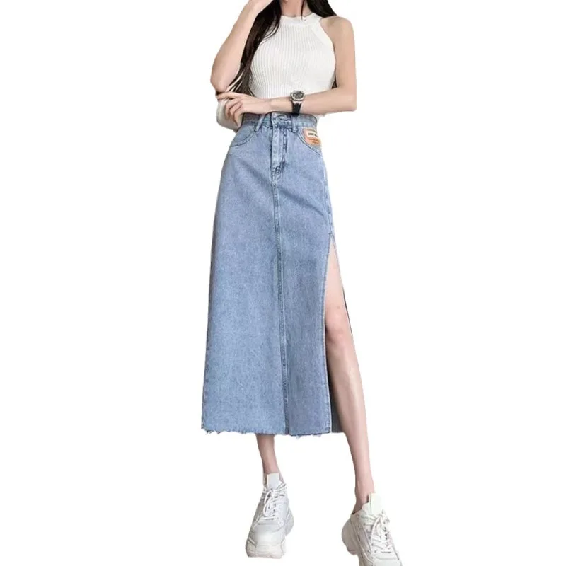 

Denim Wrap Hip Skirt Women's Summer Long Split One-step Skirt Korean Version Slimming High-waist Skirt Girl Woman Comfortable