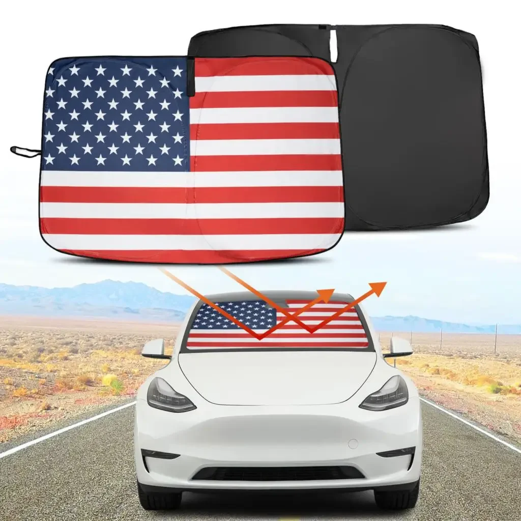 For Tesla Model Y 3 X S USA Flag Car Windshield Sunscreen Window Cover Visor Sun Shade Blocks UV Ray Protection Parasol Coche