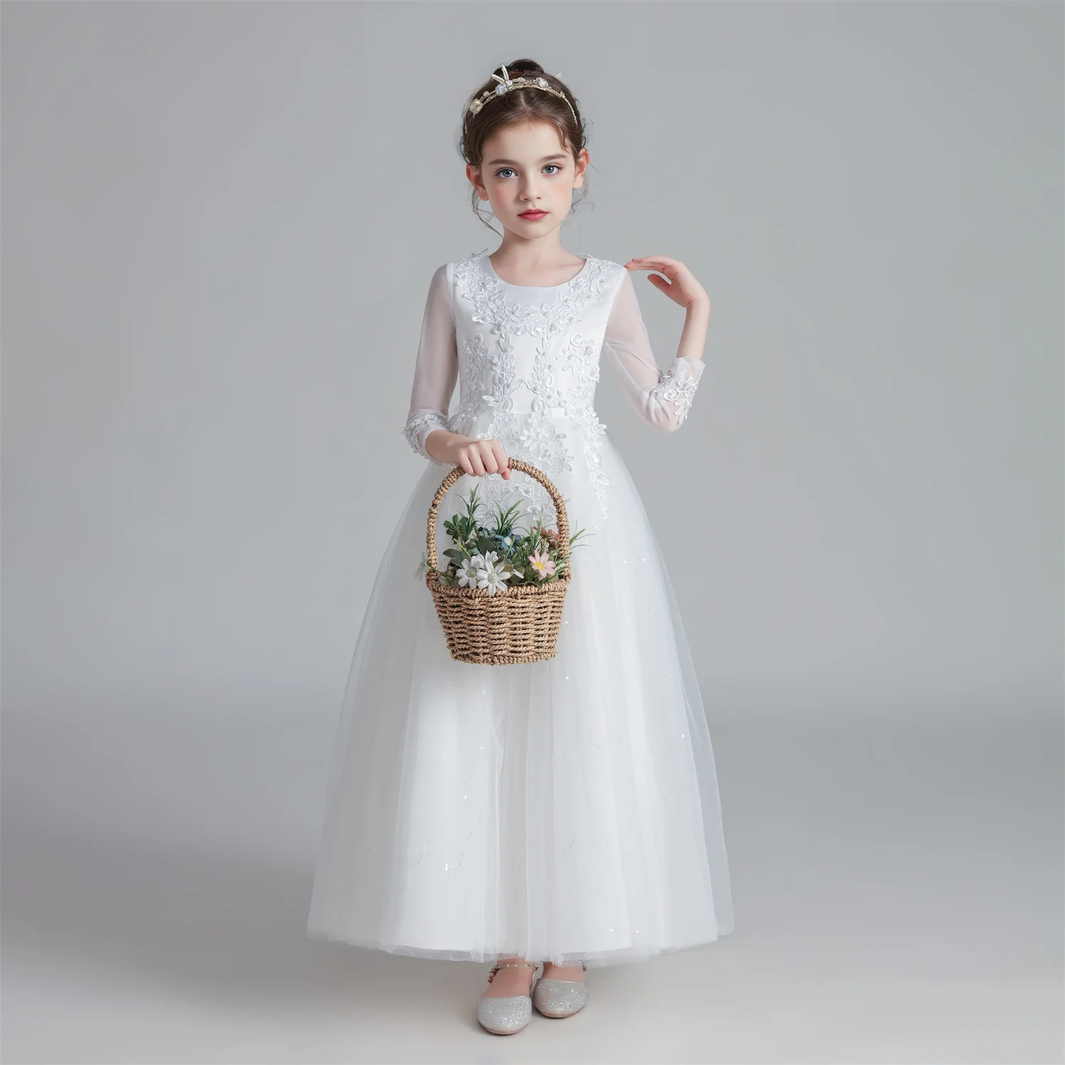 CW683 Princess Dress Girls' Pengpeng Yarn Spring/Summer New Long Sleeve Fashionable Children's Performance