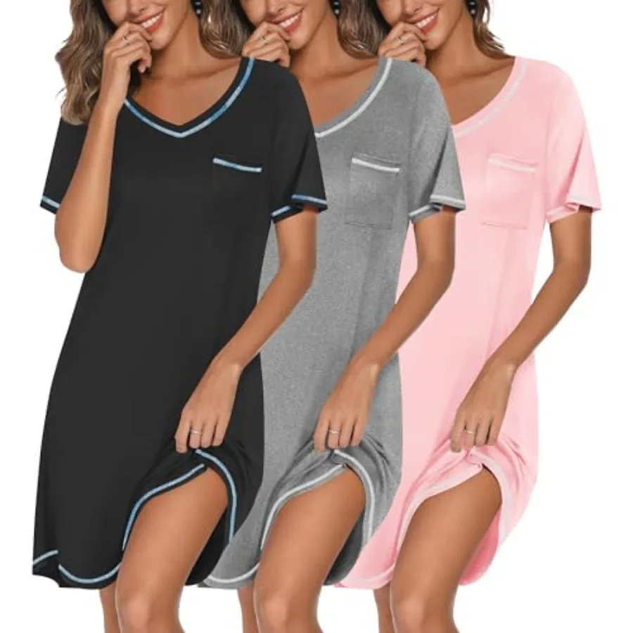 Ekouaer 3 Pack Nightgowns for Women Short Sleeve Sleep Shirts T Shirt Night Gown V Neck Nightshirts Soft Sleepwear Dress