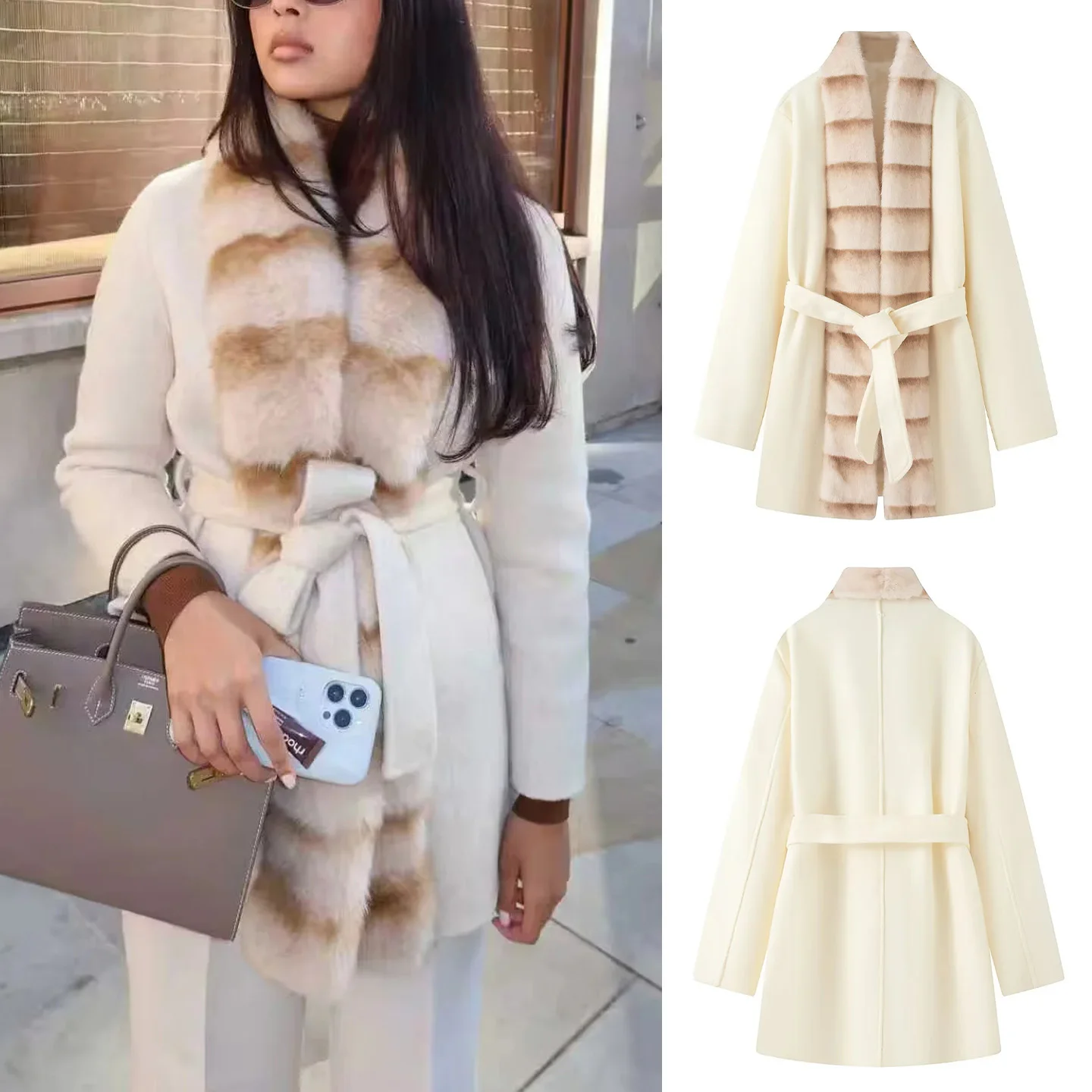 

Ele Ladylike Sle Fur Collar Mid-Length Woolen Coat with Belt Autumn Winter New Arrival Women's Faion Outerwear