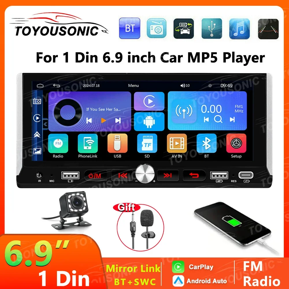 

TOYOUSONIC Car Radio 1 Din Stereo 6.9 inch MP5 Player Autoradio Wireless Carplay Android Auto Bluetooth FM USB 1DIN Head Unit