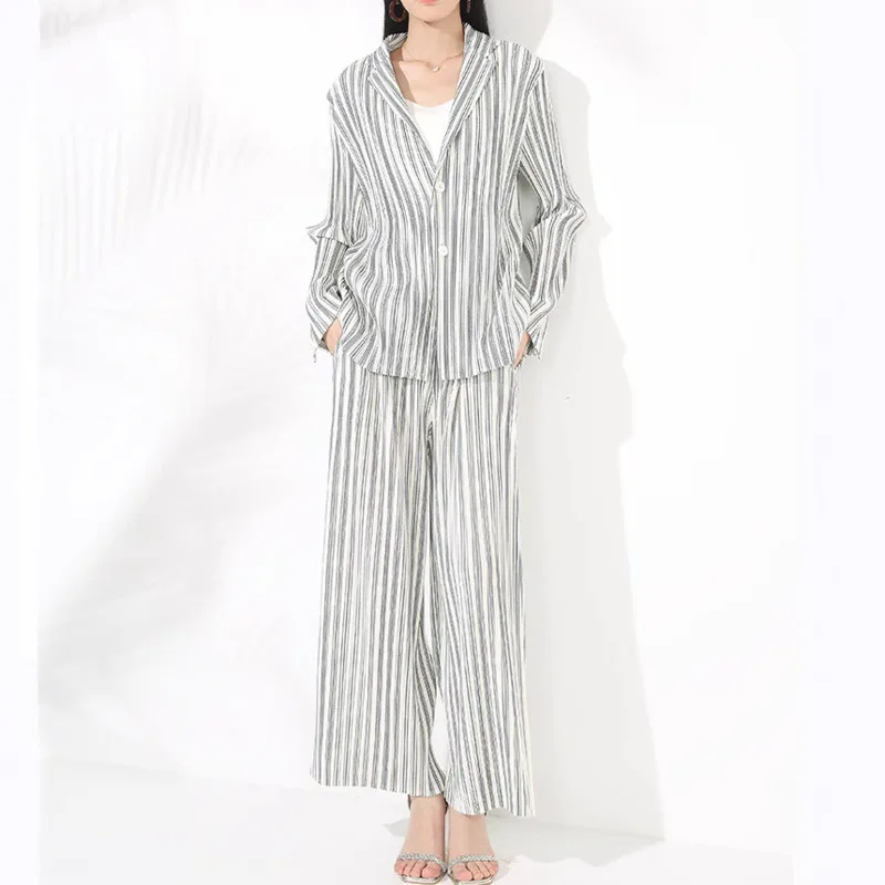 YFPF Casual Pleated Striped Women 2 Piece Set Long Sleeve Button Shirt + Wide Leg Trousers Fashion 2025 New Clothing 3A377
