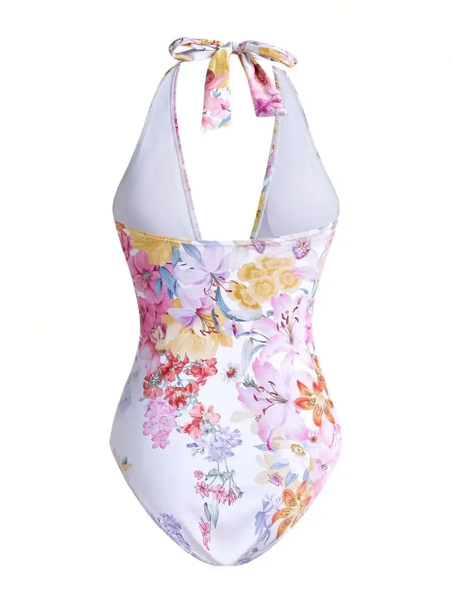 Womens Halter Neck Floral Print One Piece Swimsuit