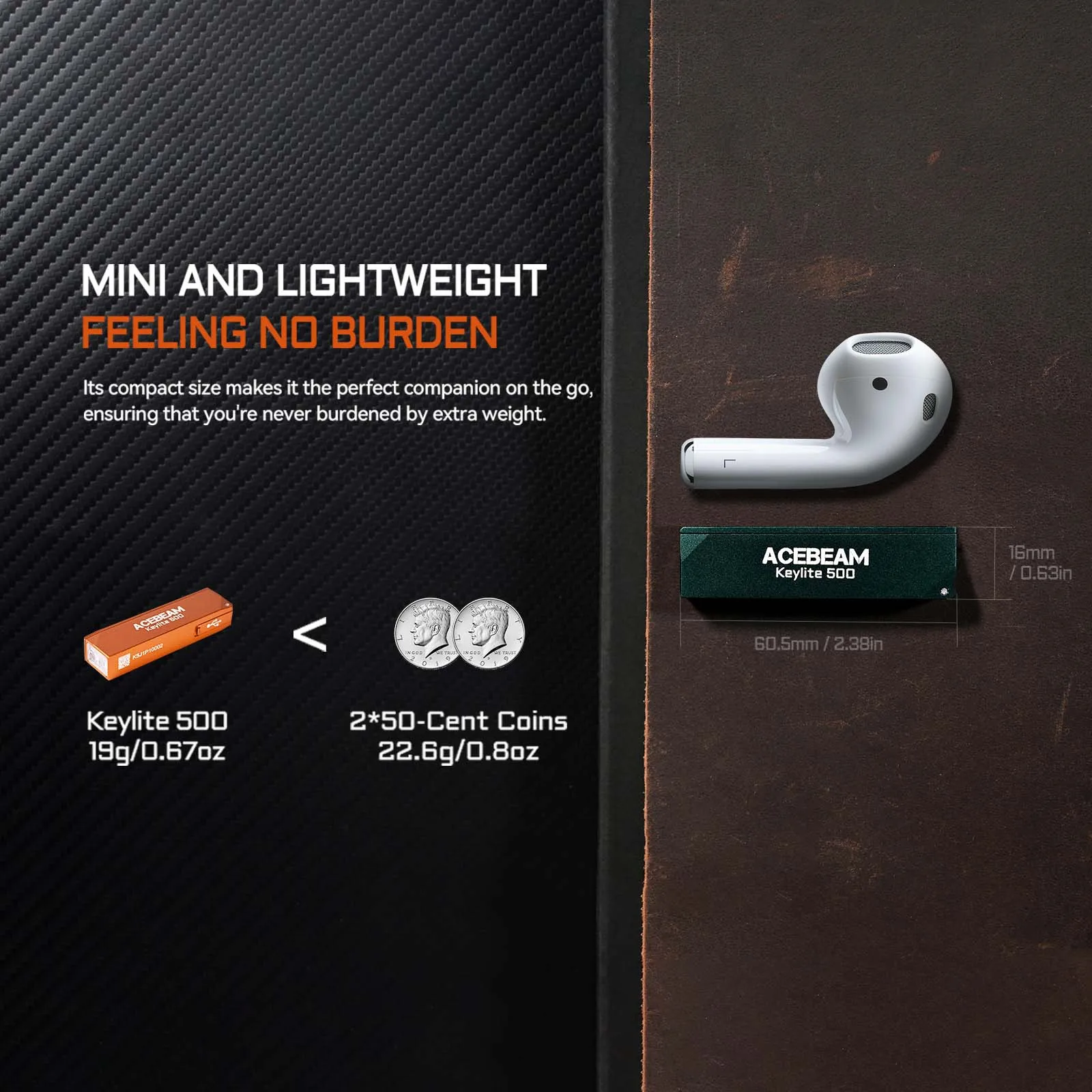 مصباح يدوي ACEBEAM Keylite 500 EDC قابل لإعادة الشحن مع وضع الدفاع عن النفس ومصباح LED مزدوج للتخييم والعم